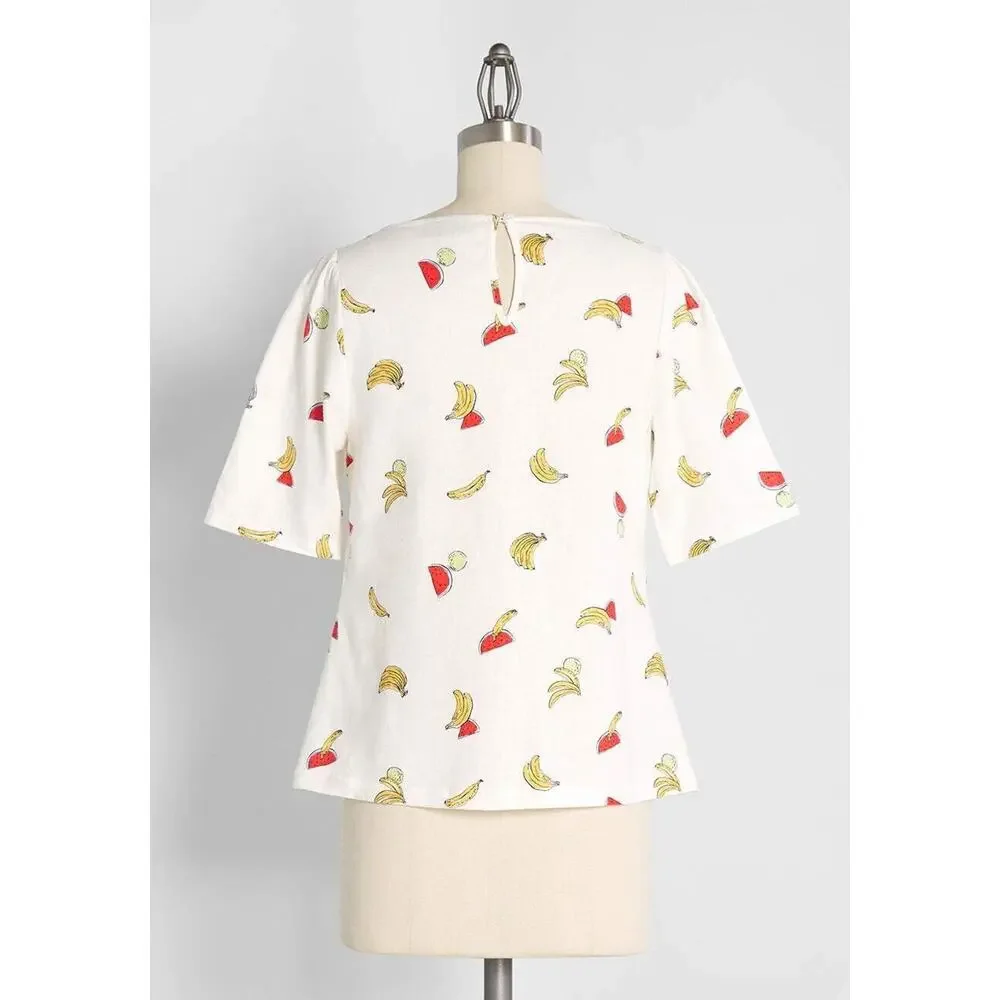 ModCloth Womens Linen Blouse Plus Size 2X Pack a Picnic Fruit Print Tie-Front - Picture 4 of 15